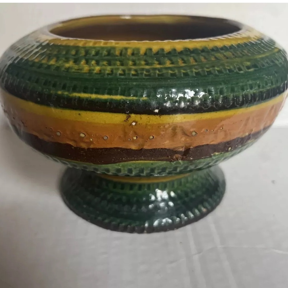 Italian Majolica Striped Yellow and Green  Planter Decorative Vintage Decor